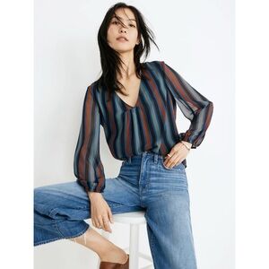 Madewell blue/brown striped semi-sheer finish v-neck blouse (large)